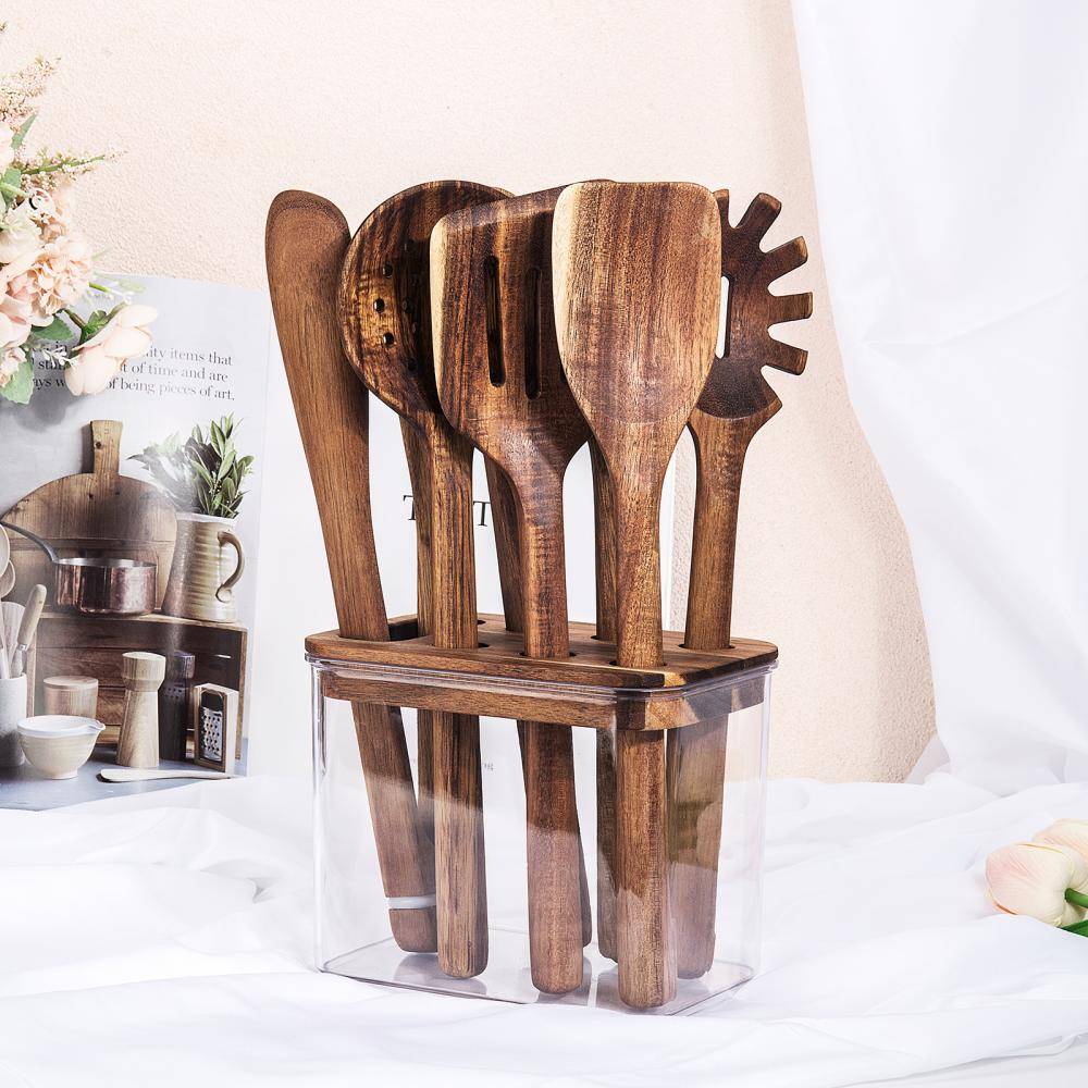 Acacia Wooden Kitchen Utensils Set with Storage Holder