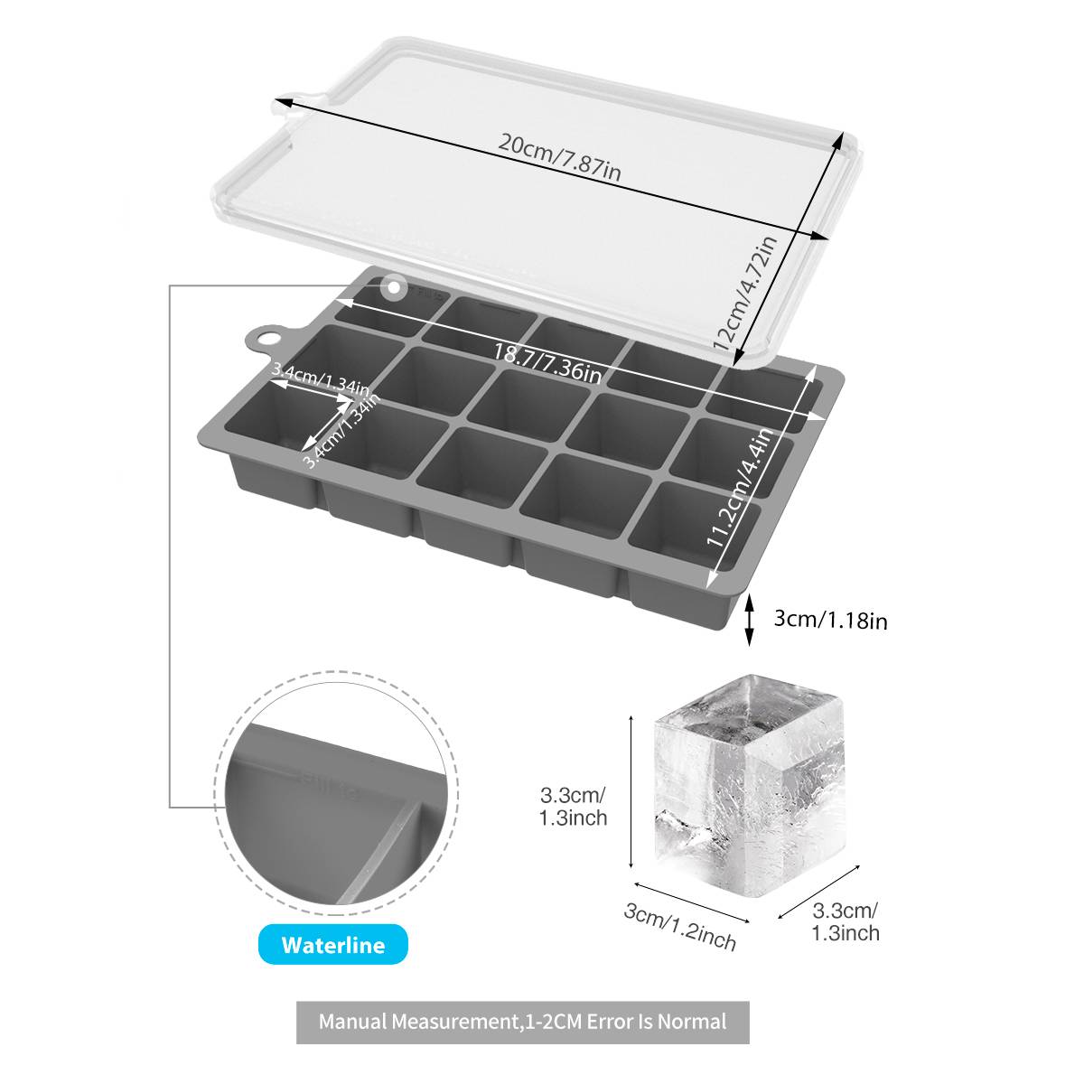 15-Grid Silicone Ice Cube Tray with Lid