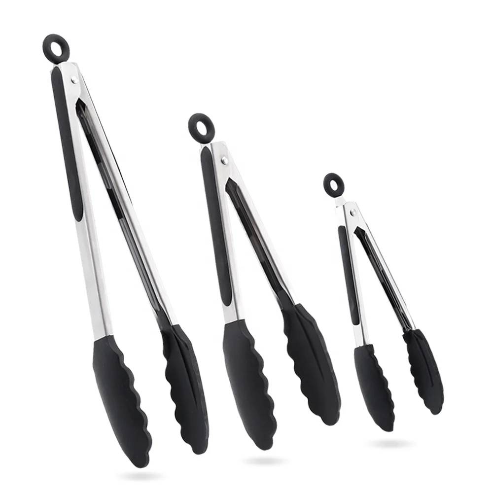 Silicone Gadget 9, 12 Inch Serving Tongs Cooking Food Tongs Stainless Steel Locking BBQ Kitchen Tongs With Silicone Tips